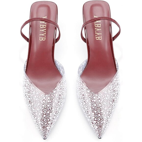 Women's Kitten Rhinestone Pointed Toe Pumps Slingback Heels Dress Shoes - Picture 3 of 7